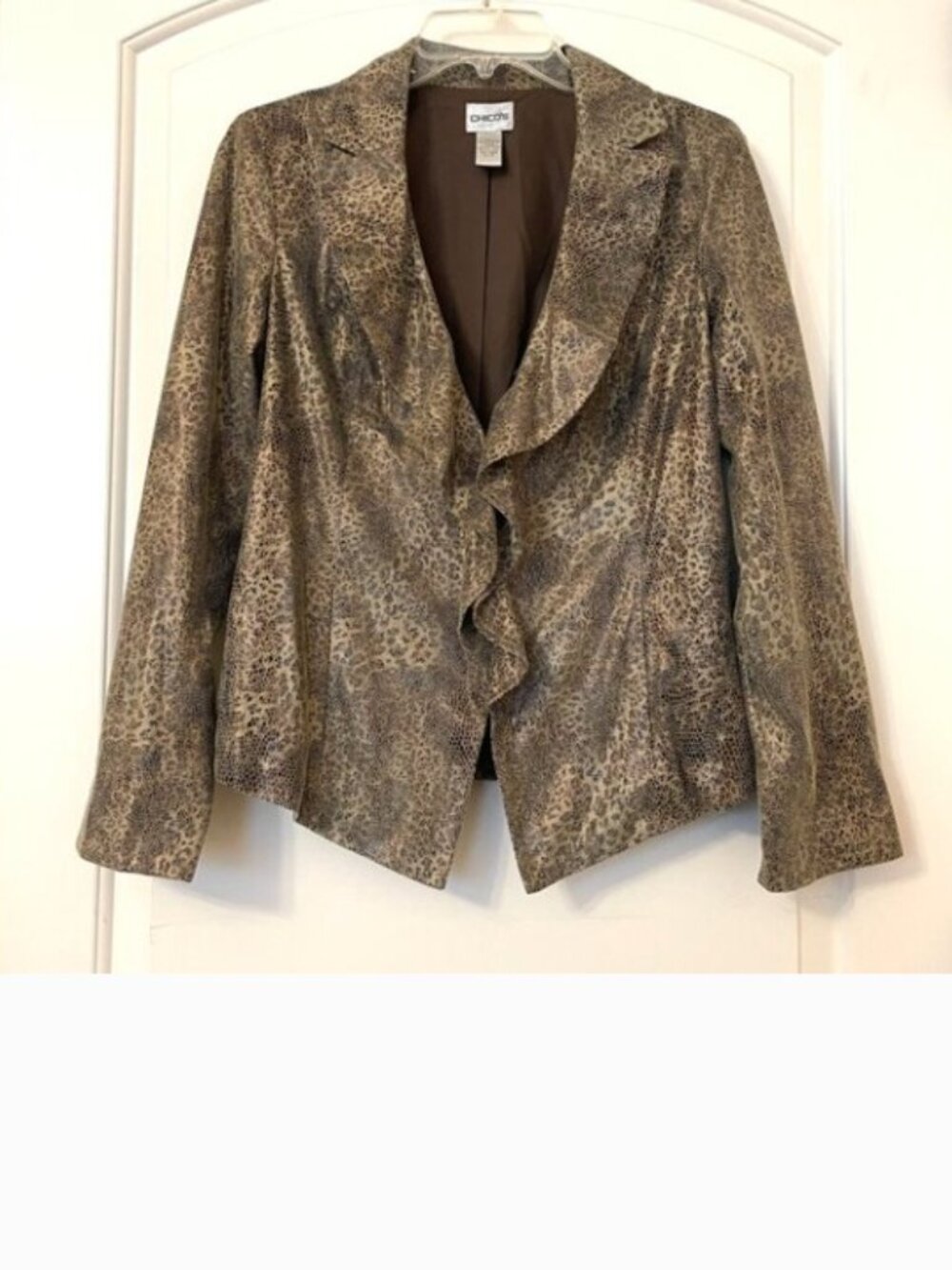 Chico's Jacket Blazer Ruffle Trim Lined Reptile Animal Print 0 Small